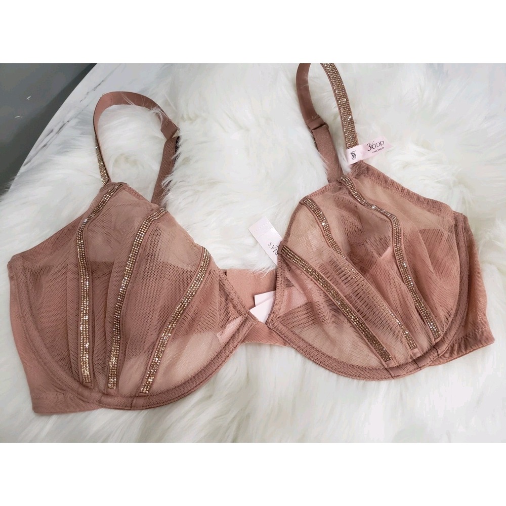 Victoria's Secret Shine Strap Unlined Low-Cut Demi Bra Thong Set Taupe 36DD & XL - Picture 10 of 11